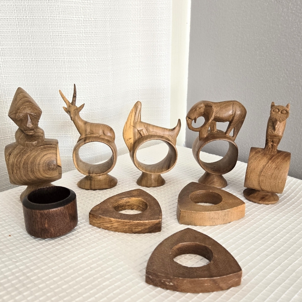 Hand Carved Wood Napkin Lot African Animals Tribal Man Triangles Lot Of 9
